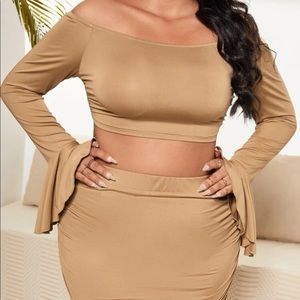 SHEIN SXY plus off  shoulder flounce crop top and ruched pencil skirt